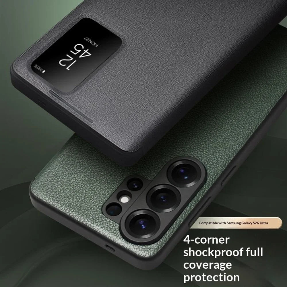 QIALINO For Samsung Galaxy S26 Ultra Case View Window Genuine Cow Leather Flip Phone Cover (APP Version) - Black - 6