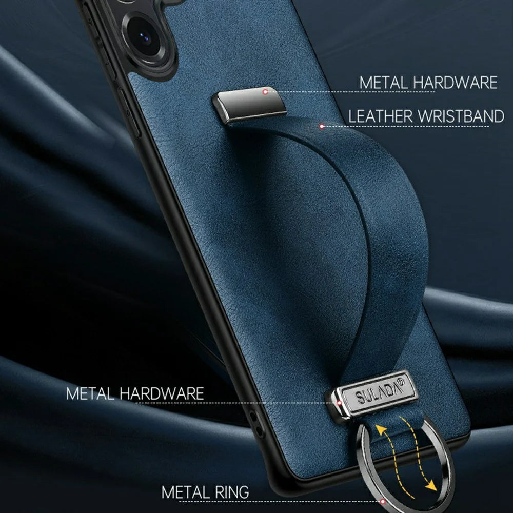 SULADA Fashion Series for Samsung Galaxy S26 Ultra Case Wristband Kickstand Leather Back Phone Cover - Blue - 4