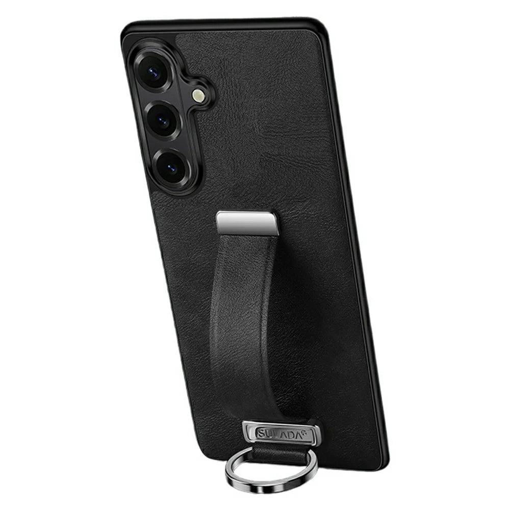 SULADA Fashion Series for Samsung Galaxy S26 Case Wristband Kickstand Leather Back Phone Cover - Black - 1