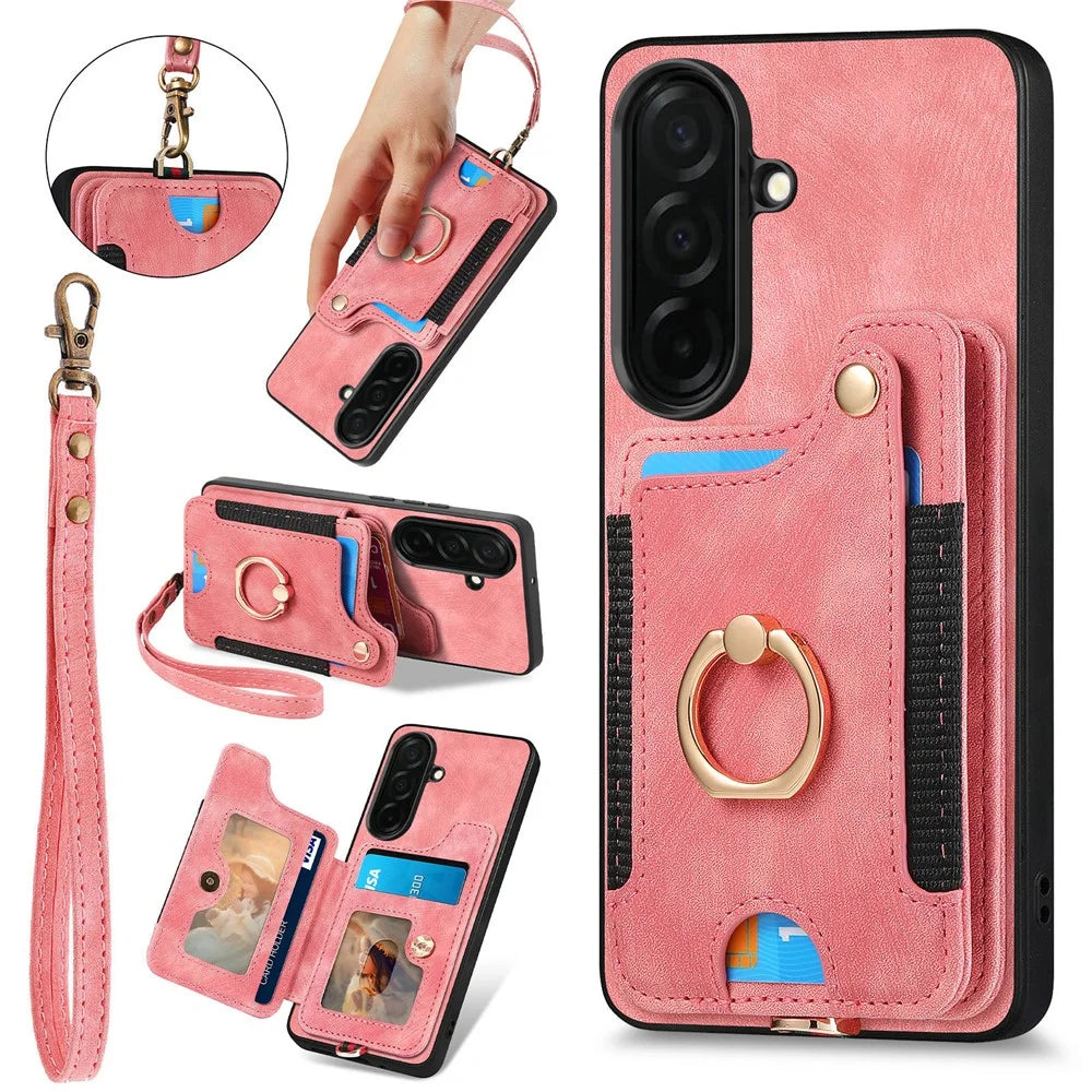 For Samsung Galaxy S26+ Retro PU Leather Case Phone Cover with RFID Blocking Card Holder  /  Ring Holder - Pink - 1