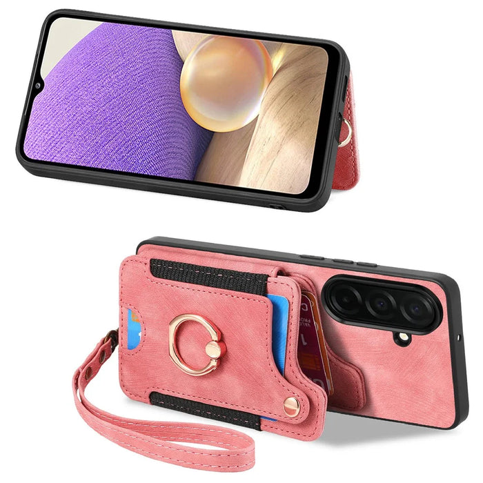 For Samsung Galaxy S26+ Retro PU Leather Case Phone Cover with RFID Blocking Card Holder  /  Ring Holder - Pink - 2