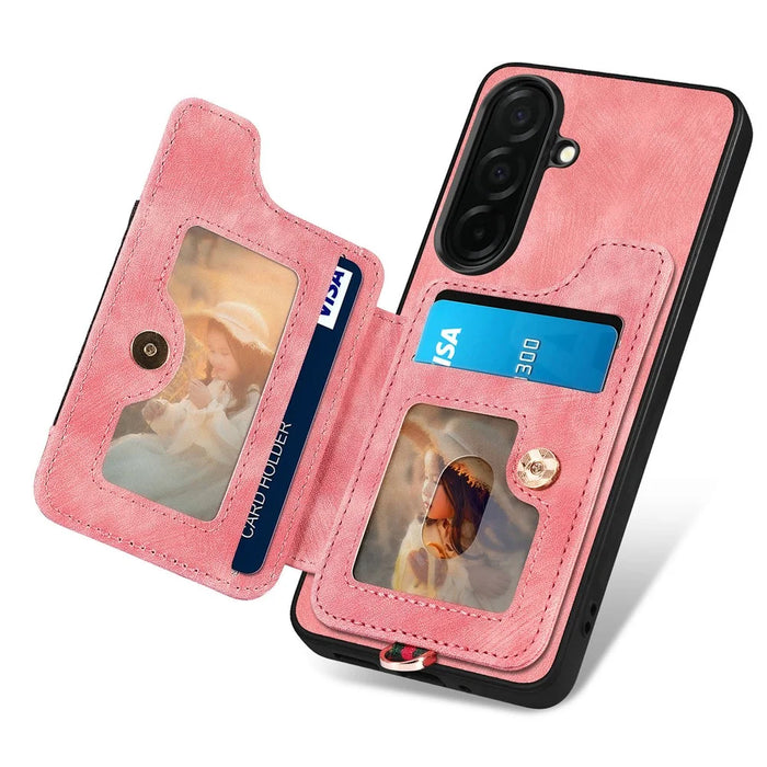 For Samsung Galaxy S26+ Retro PU Leather Case Phone Cover with RFID Blocking Card Holder  /  Ring Holder - Pink - 3