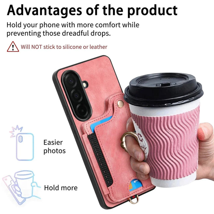 For Samsung Galaxy S26+ Retro PU Leather Case Phone Cover with RFID Blocking Card Holder  /  Ring Holder - Pink - 5