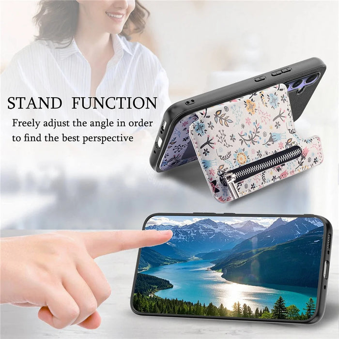 For Samsung Galaxy S26 Leather Phone Cover with RFID Blocking Zipper Card Bag Kickstand - Black - 7