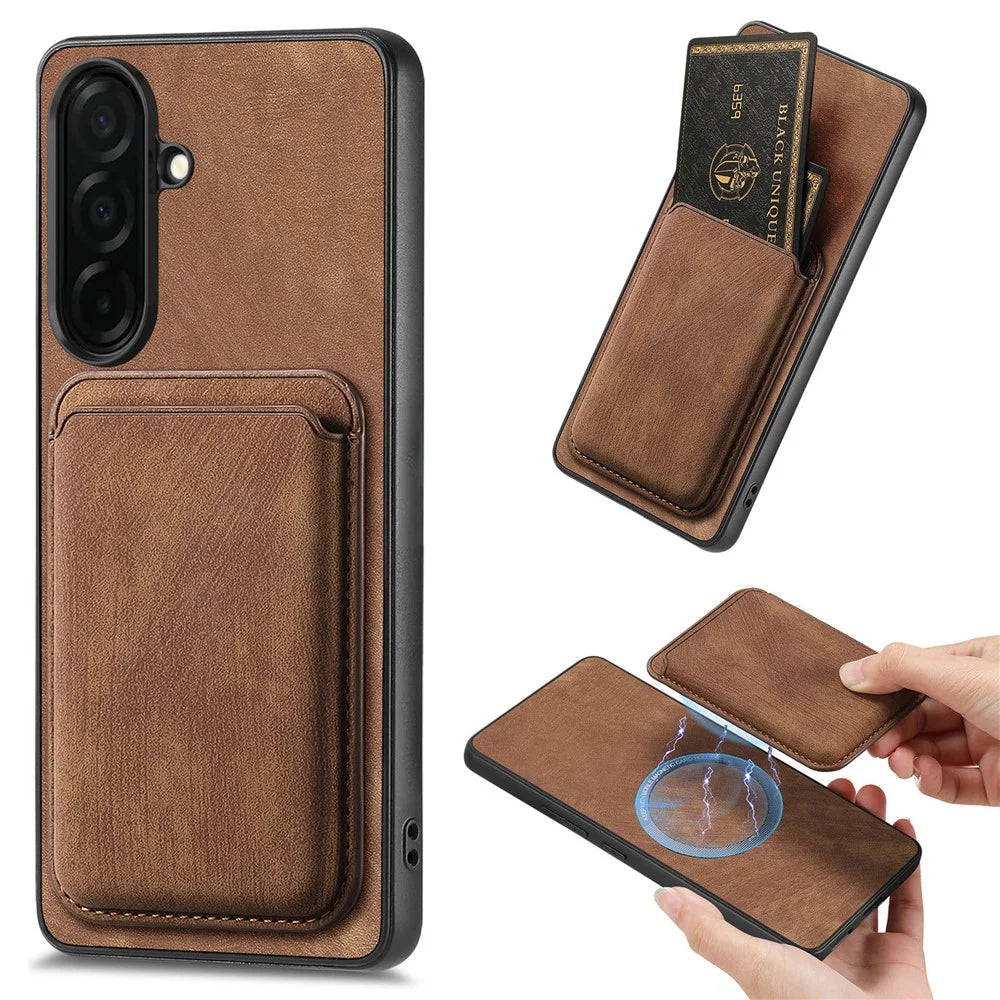 For Samsung Galaxy S26 Magnetic Case Retro Leather + TPU Phone Cover with Detachable Card Slot - Brown - 1