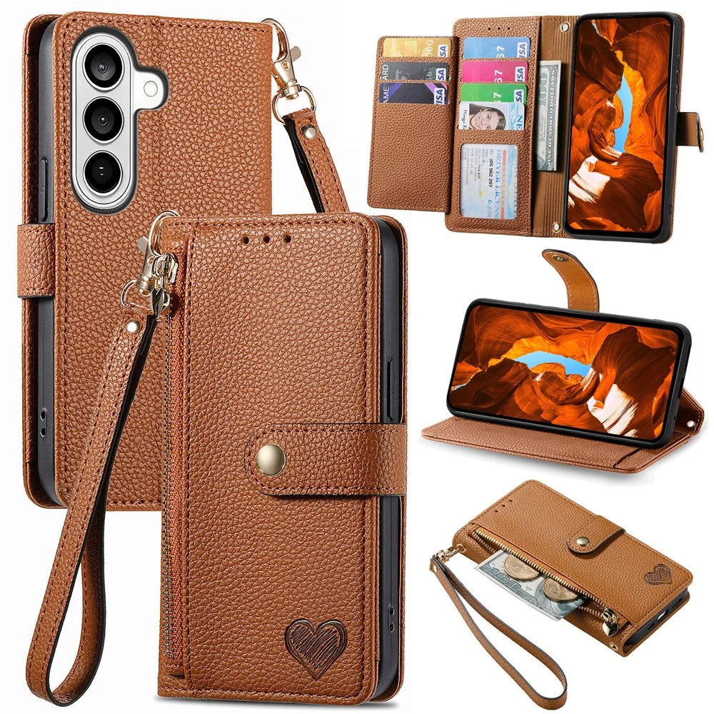 For Samsung Galaxy S26+ Case RFID Blocking Zipper Pocket Leather Wallet Phone Cover with Strap - Brown - 1