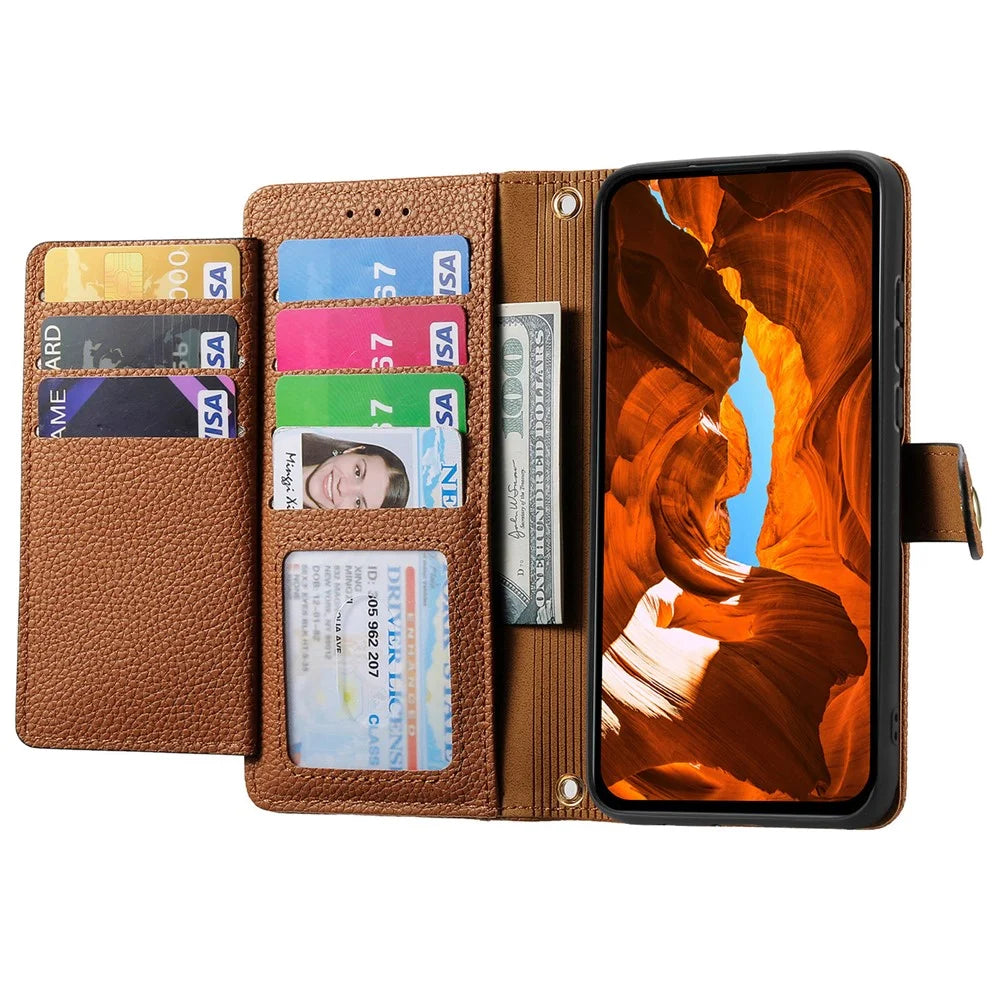 For Samsung Galaxy S26+ Case RFID Blocking Zipper Pocket Leather Wallet Phone Cover with Strap - Brown - 2