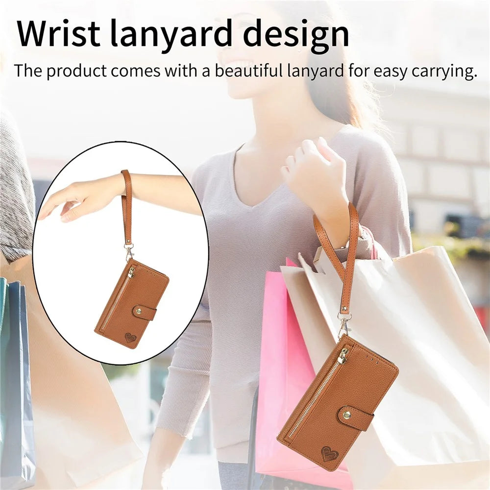 For Samsung Galaxy S26+ Case RFID Blocking Zipper Pocket Leather Wallet Phone Cover with Strap - Brown - 6