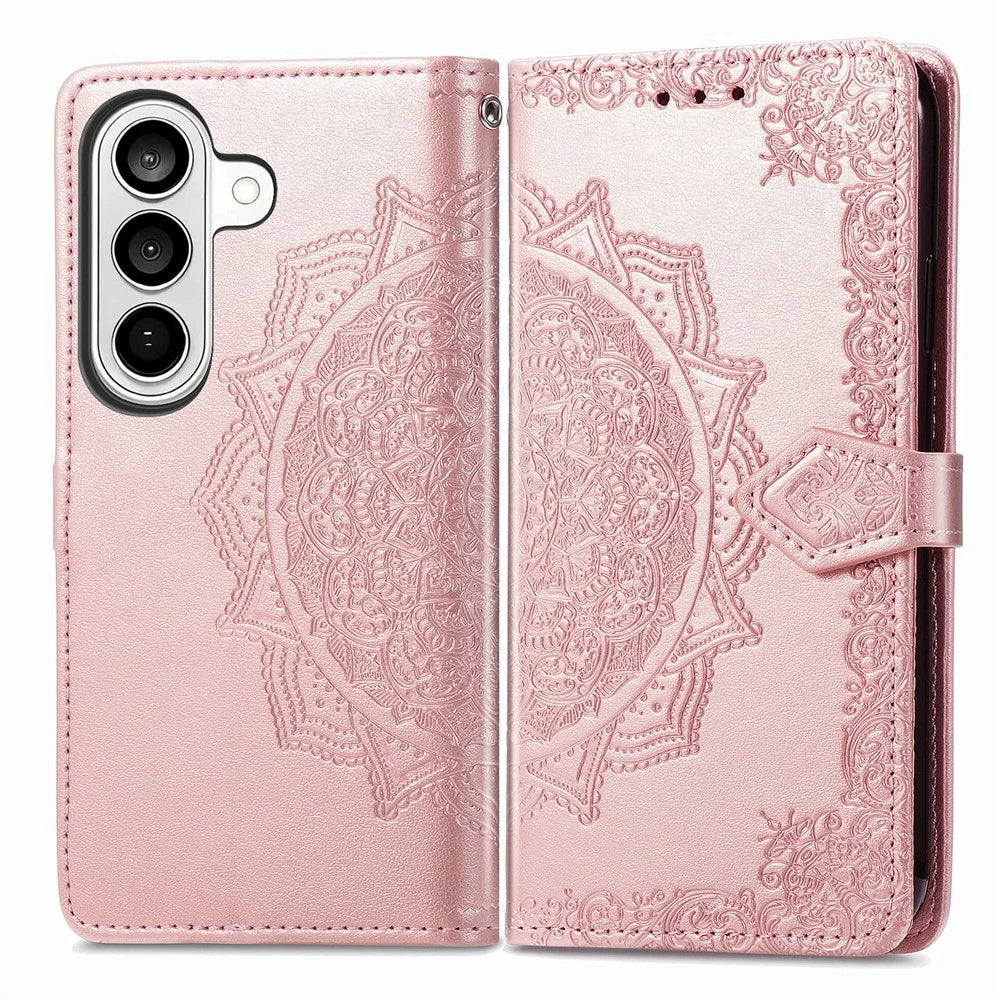 For Samsung Galaxy S26 Wallet Case Mandala Flower Leather Phone Cover Stand - Rose Gold - 1