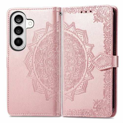 For Samsung Galaxy S26 Wallet Case Mandala Flower Leather Phone Cover Stand - Rose Gold - 1