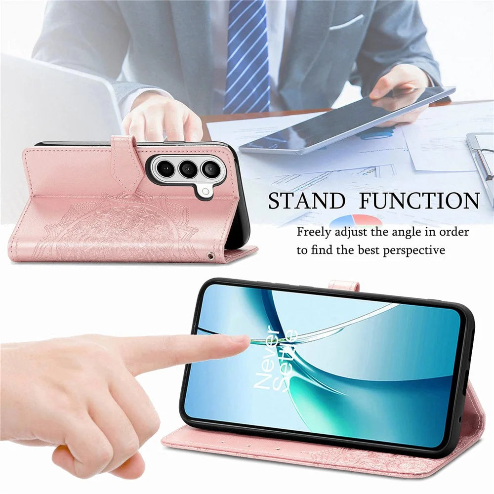 For Samsung Galaxy S26 Wallet Case Mandala Flower Leather Phone Cover Stand - Rose Gold - 5