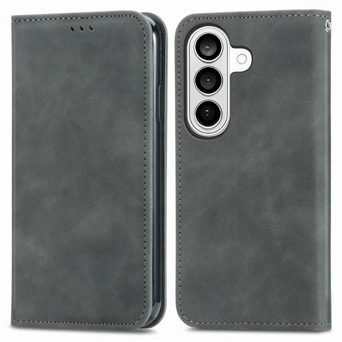 For Samsung Galaxy S26+ Leather Case with Card Holder Magnetic Absorption Phone Cover - Grey - 1