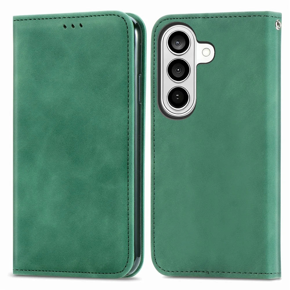 For Samsung Galaxy S26 Leather Case with Card Holder Magnetic Absorption Phone Cover - Green - 1