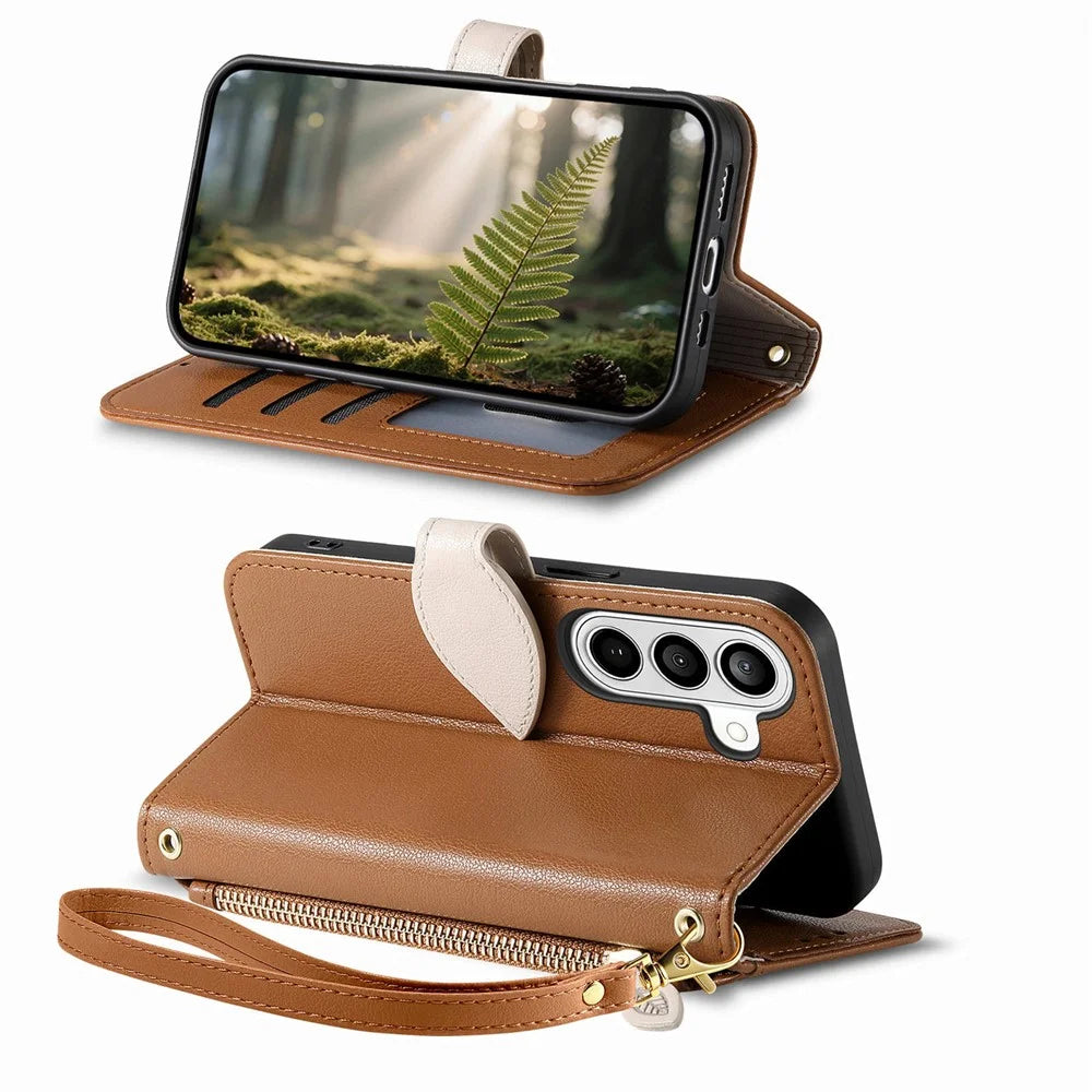 For Samsung Galaxy S26+ Stand Case Leaf Shape Magnetic Clasp Leather Phone Cover with Hand Strap - Brown - 3
