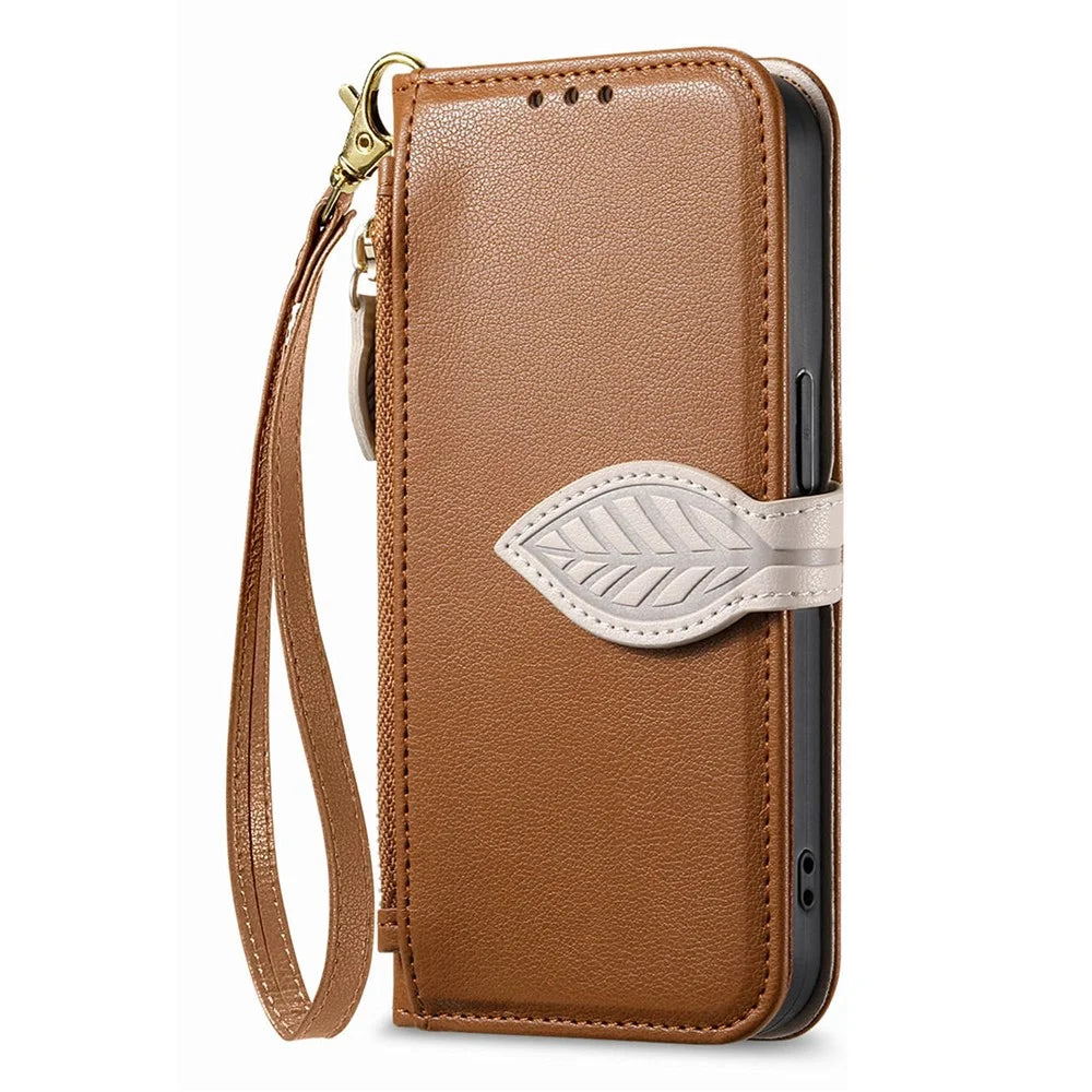 For Samsung Galaxy S26+ Stand Case Leaf Shape Magnetic Clasp Leather Phone Cover with Hand Strap - Brown - 6