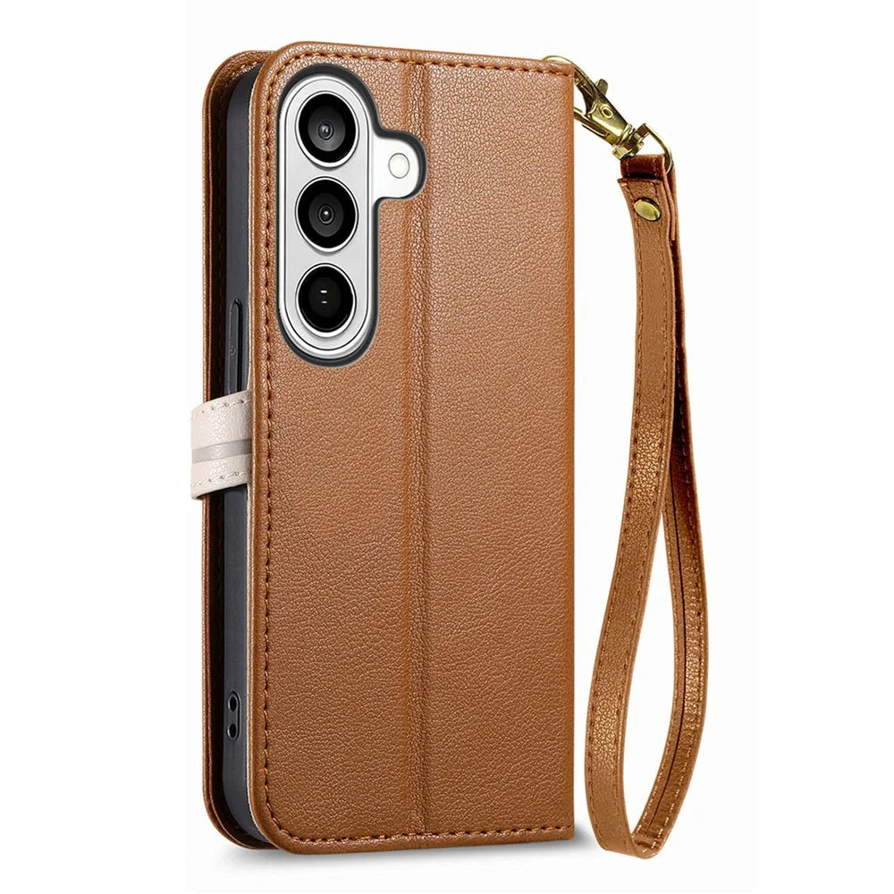 For Samsung Galaxy S26+ Stand Case Leaf Shape Magnetic Clasp Leather Phone Cover with Hand Strap - Brown - 7