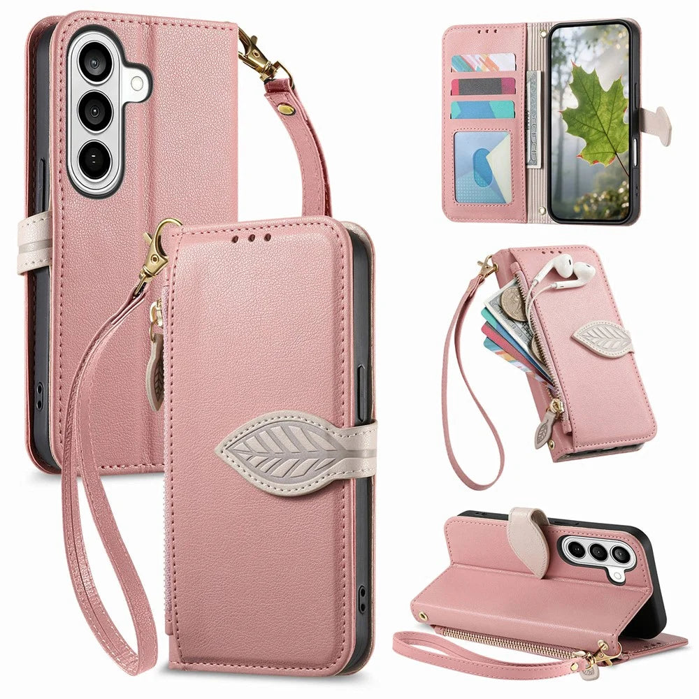 For Samsung Galaxy S26 Stand Case Leaf Shape Magnetic Clasp Leather Phone Cover with Hand Strap - Rose Gold - 1