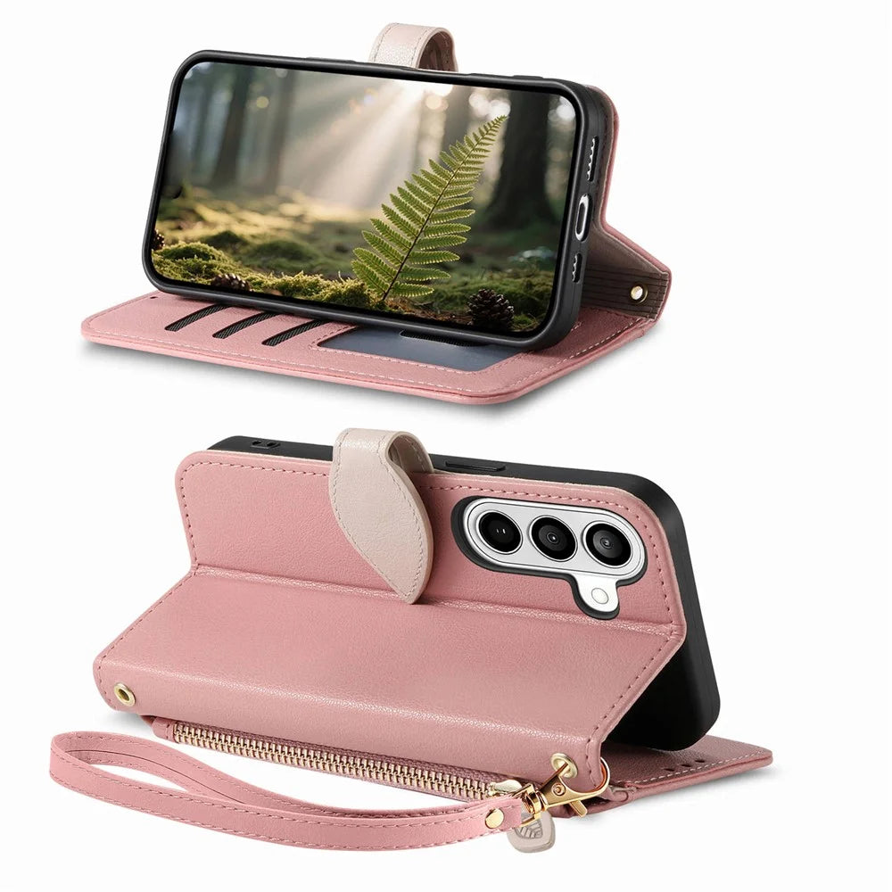 For Samsung Galaxy S26 Stand Case Leaf Shape Magnetic Clasp Leather Phone Cover with Hand Strap - Rose Gold - 3