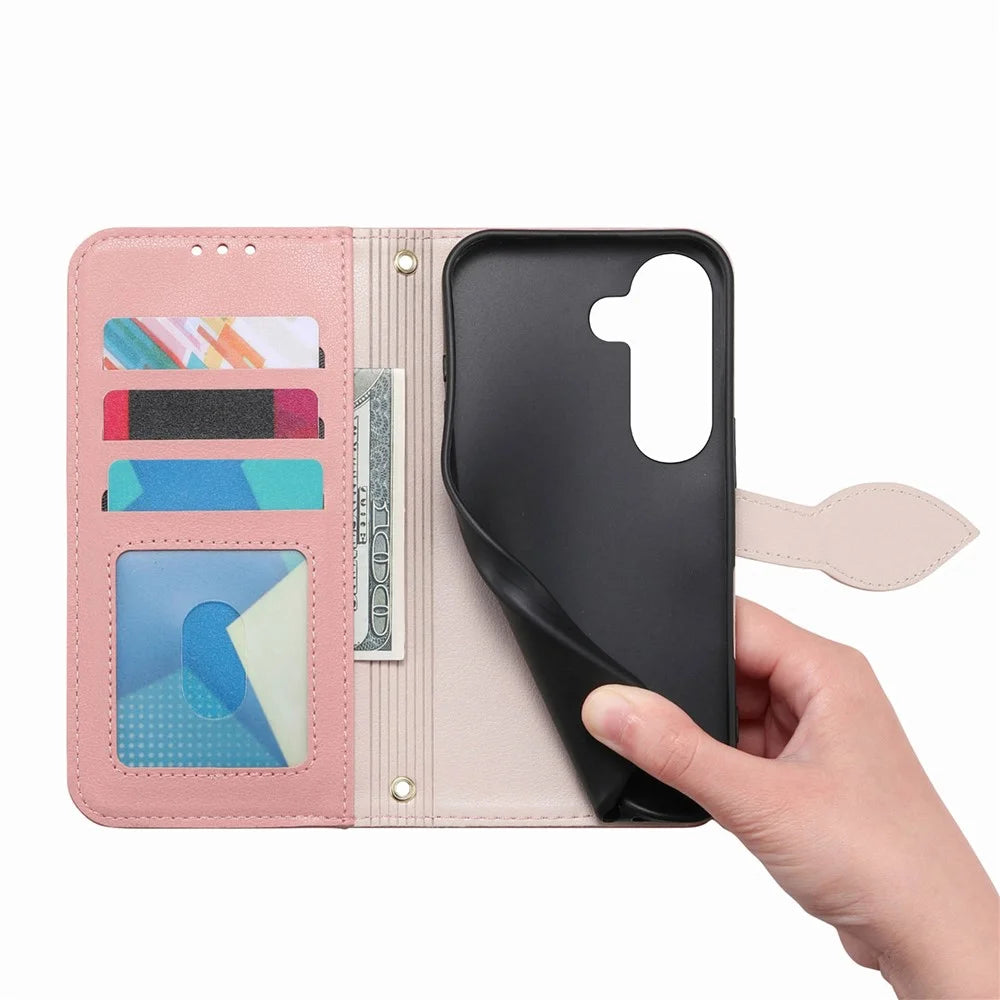 For Samsung Galaxy S26 Stand Case Leaf Shape Magnetic Clasp Leather Phone Cover with Hand Strap - Rose Gold - 4