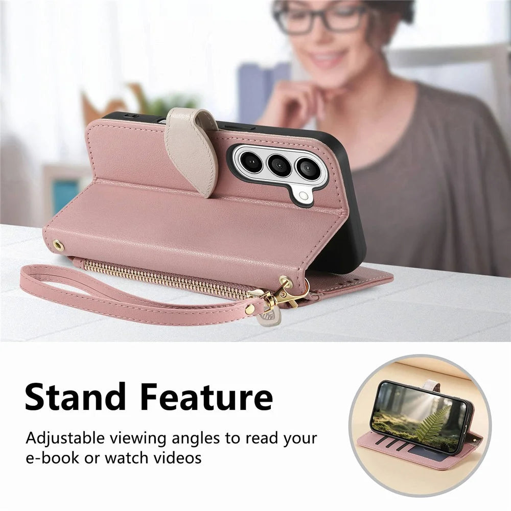 For Samsung Galaxy S26 Stand Case Leaf Shape Magnetic Clasp Leather Phone Cover with Hand Strap - Rose Gold - 5