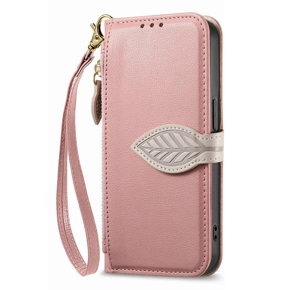 For Samsung Galaxy S26 Stand Case Leaf Shape Magnetic Clasp Leather Phone Cover with Hand Strap - Rose Gold - 6
