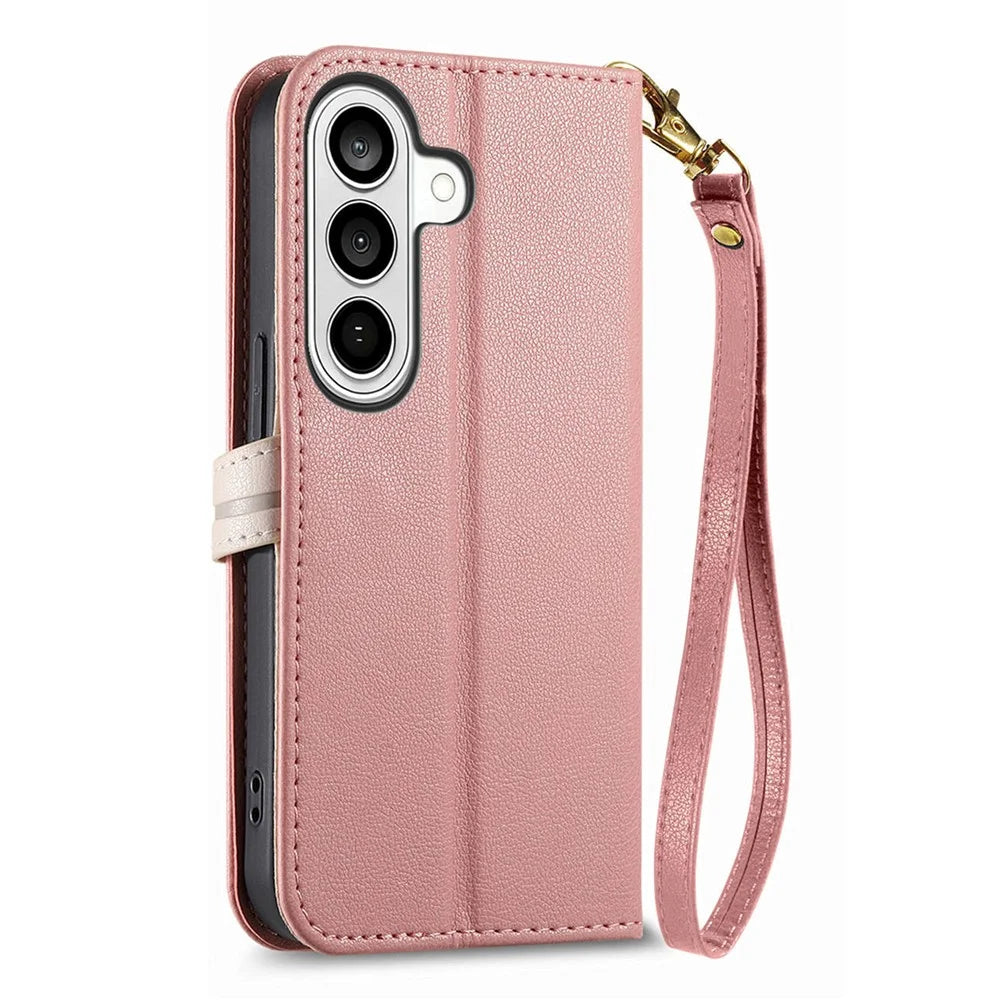 For Samsung Galaxy S26 Stand Case Leaf Shape Magnetic Clasp Leather Phone Cover with Hand Strap - Rose Gold - 7