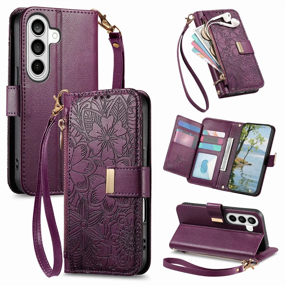 For Samsung Galaxy S26+ Case Floral Leaf Pattern Multi Card Slots Zipper Leather Phone Cover with Wrist Strap - Purple - 1