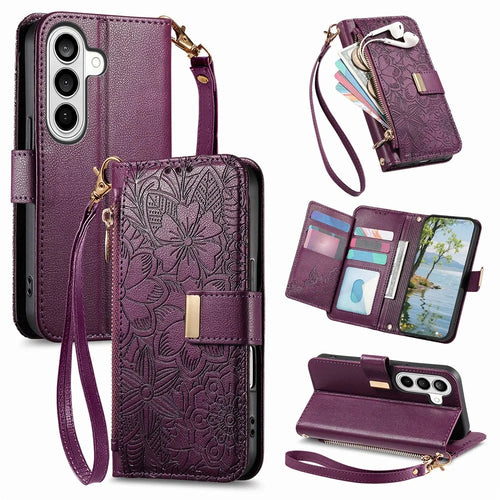 For Samsung Galaxy S26+ Case Floral Leaf Pattern Multi Card Slots Zipper Leather Phone Cover with Wrist Strap - Purple - 1