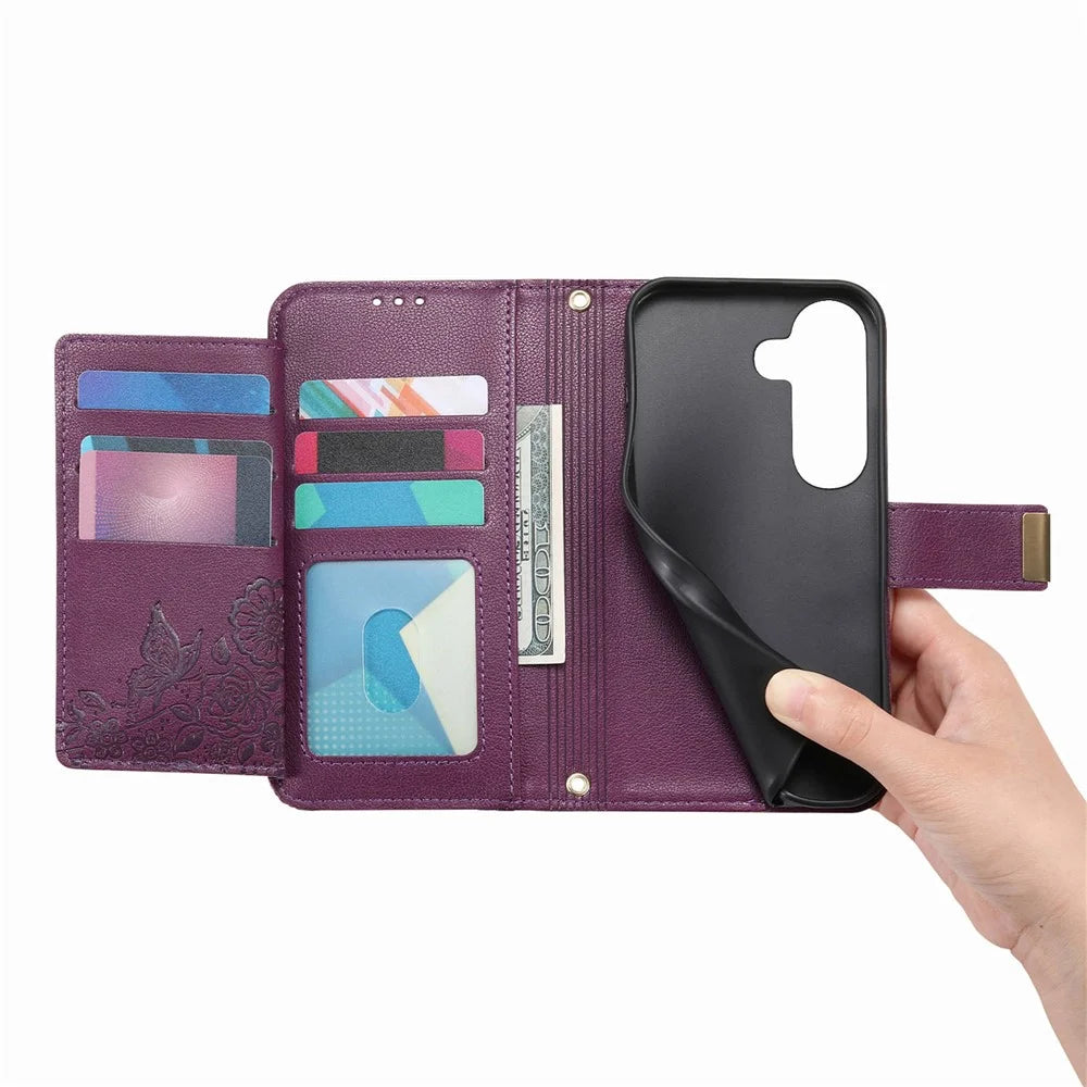For Samsung Galaxy S26+ Case Floral Leaf Pattern Multi Card Slots Zipper Leather Phone Cover with Wrist Strap - Purple - 2