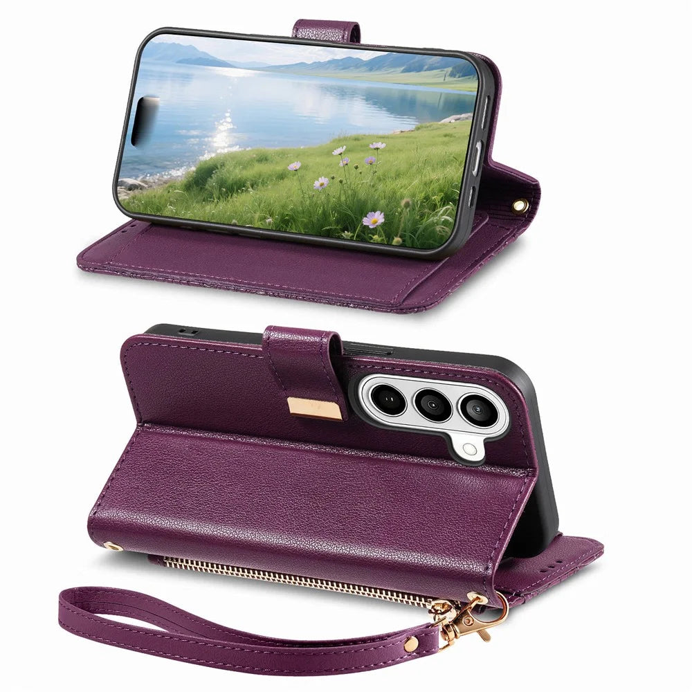 For Samsung Galaxy S26+ Case Floral Leaf Pattern Multi Card Slots Zipper Leather Phone Cover with Wrist Strap - Purple - 3