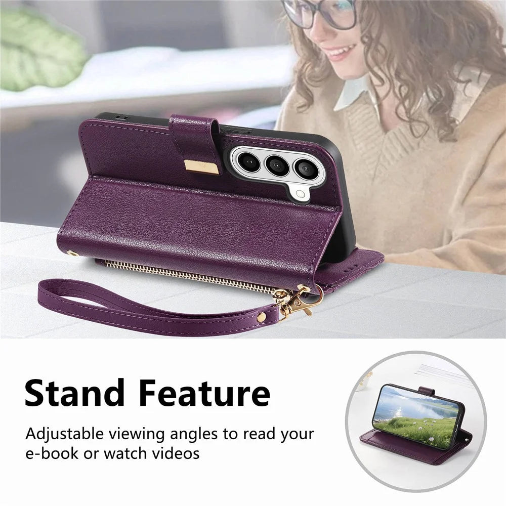 For Samsung Galaxy S26+ Case Floral Leaf Pattern Multi Card Slots Zipper Leather Phone Cover with Wrist Strap - Purple - 4