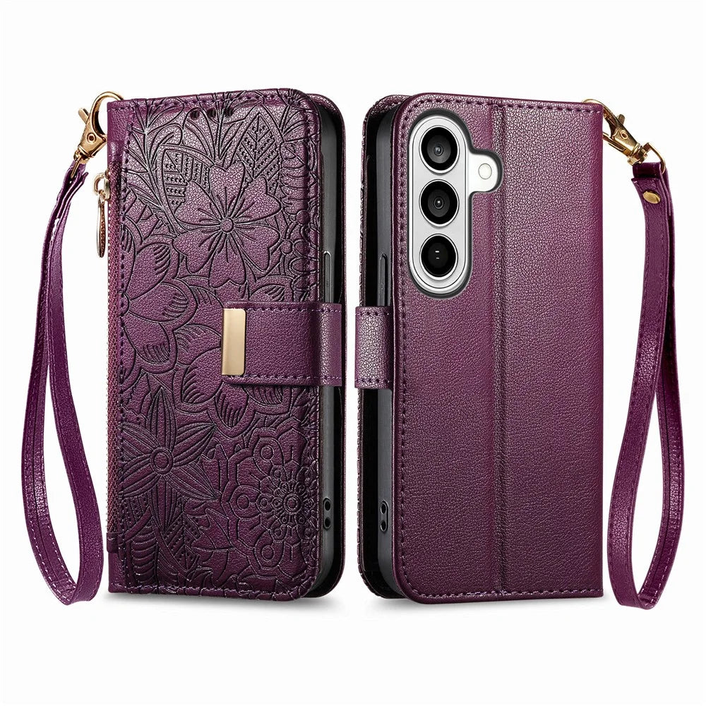 For Samsung Galaxy S26+ Case Floral Leaf Pattern Multi Card Slots Zipper Leather Phone Cover with Wrist Strap - Purple - 5