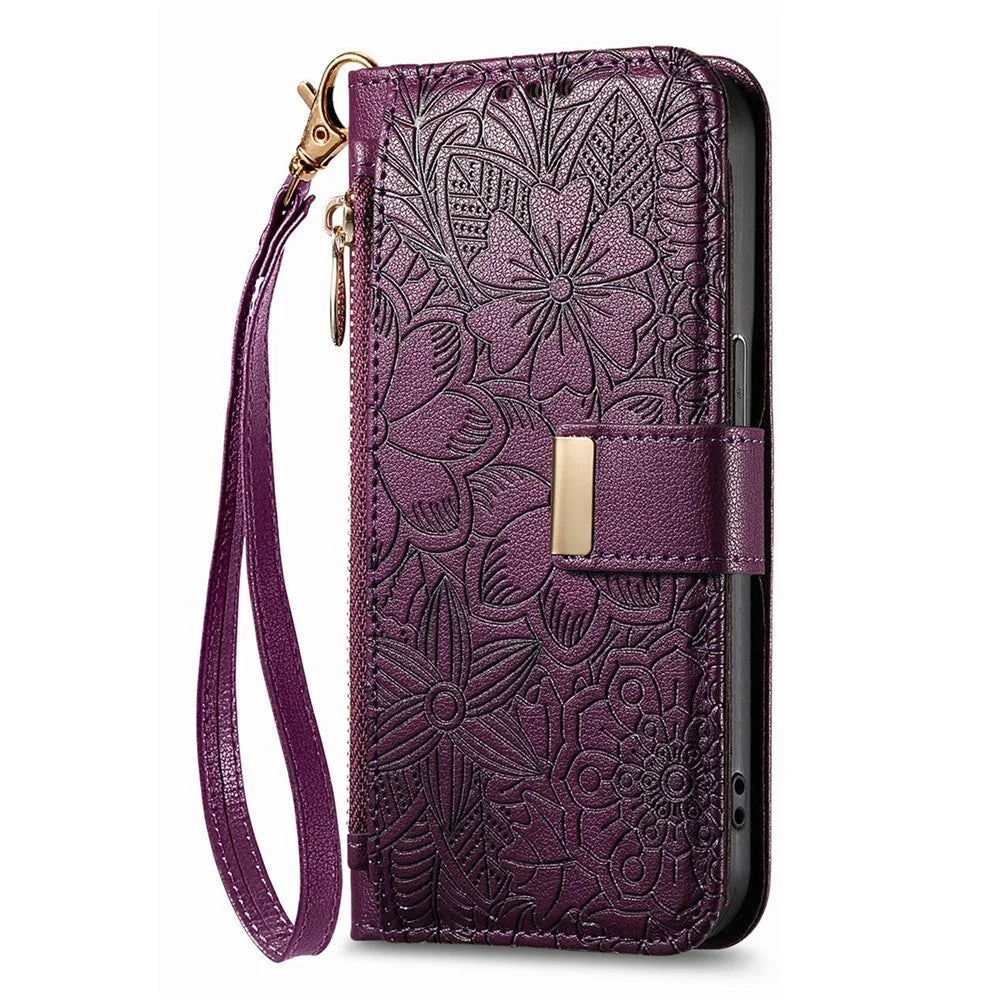 For Samsung Galaxy S26+ Case Floral Leaf Pattern Multi Card Slots Zipper Leather Phone Cover with Wrist Strap - Purple - 6