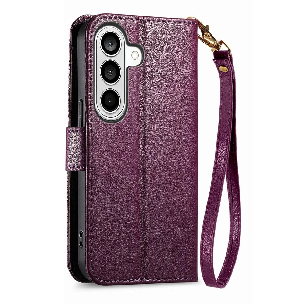 For Samsung Galaxy S26+ Case Floral Leaf Pattern Multi Card Slots Zipper Leather Phone Cover with Wrist Strap - Purple - 7