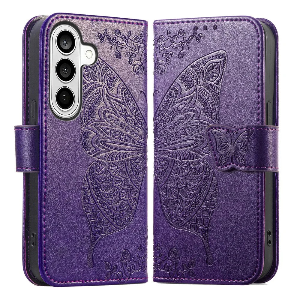 For Samsung Galaxy S26+ Case with Strap Butterfly Pattern PU Leather Wallet Phone Cover - Dark Purple - 1