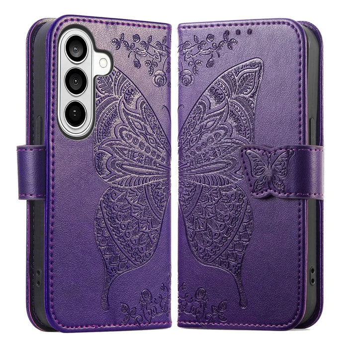 For Samsung Galaxy S26+ Case with Strap Butterfly Pattern PU Leather Wallet Phone Cover - Dark Purple - 1