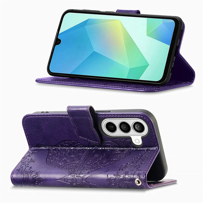 For Samsung Galaxy S26+ Case with Strap Butterfly Pattern PU Leather Wallet Phone Cover - Dark Purple - 2