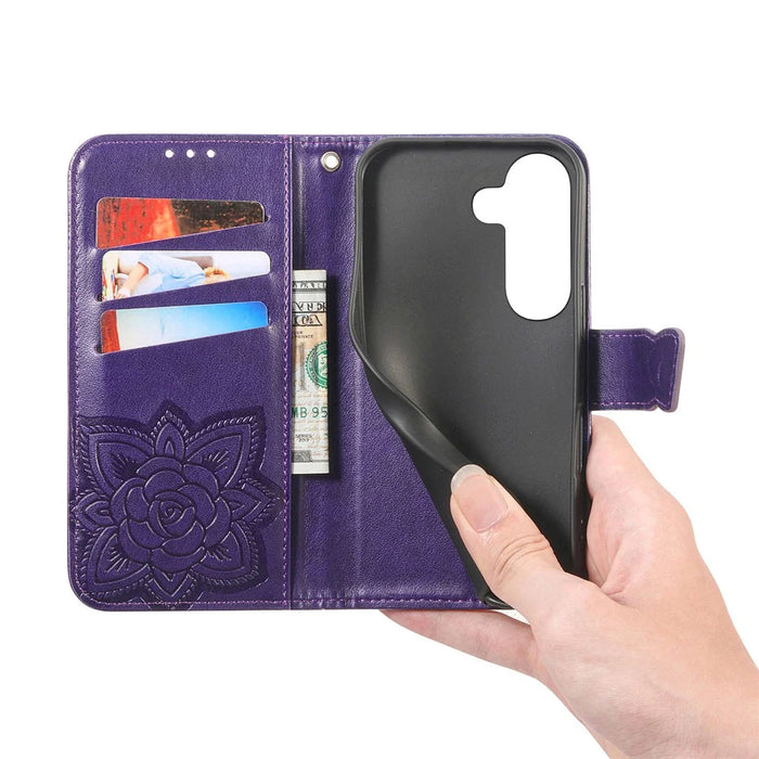 For Samsung Galaxy S26+ Case with Strap Butterfly Pattern PU Leather Wallet Phone Cover - Dark Purple - 4