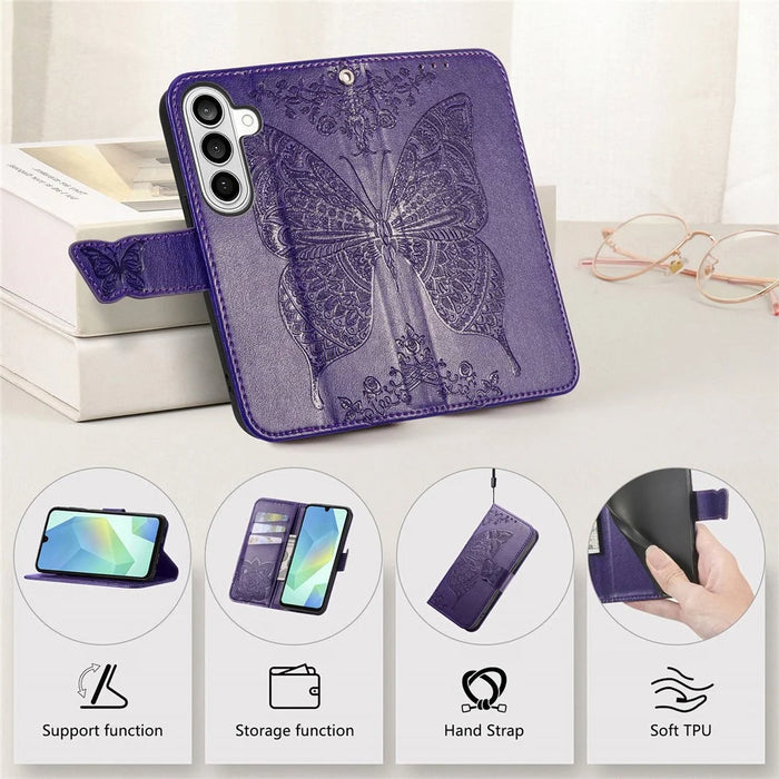 For Samsung Galaxy S26+ Case with Strap Butterfly Pattern PU Leather Wallet Phone Cover - Dark Purple - 6