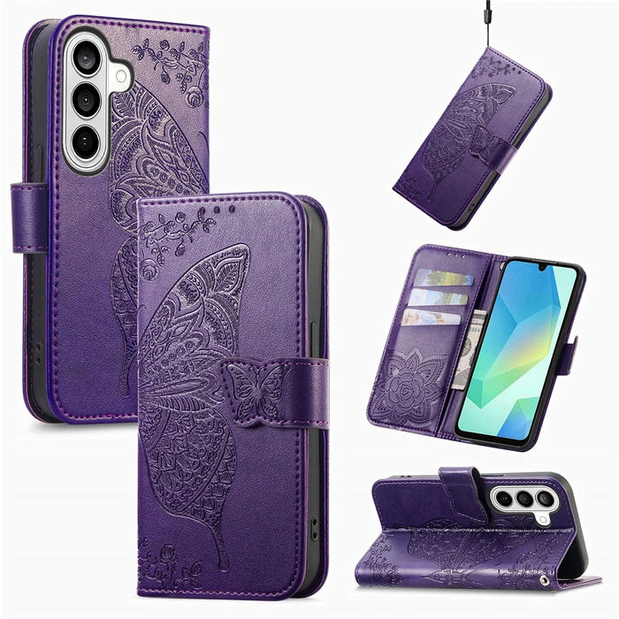 For Samsung Galaxy S26+ Case with Strap Butterfly Pattern PU Leather Wallet Phone Cover - Dark Purple - 7