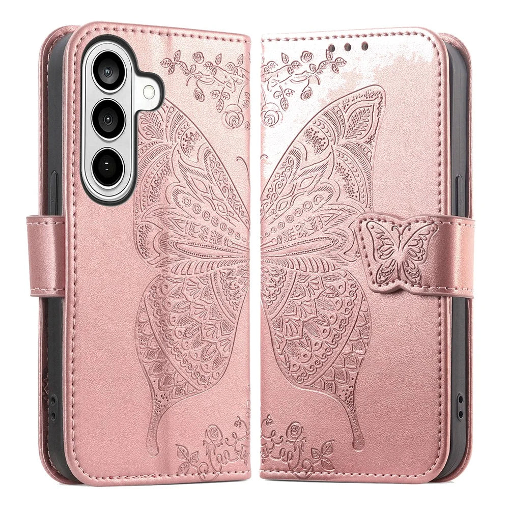 For Samsung Galaxy S26 Case with Strap Butterfly Pattern PU Leather Wallet Phone Cover - Rose Gold - 1