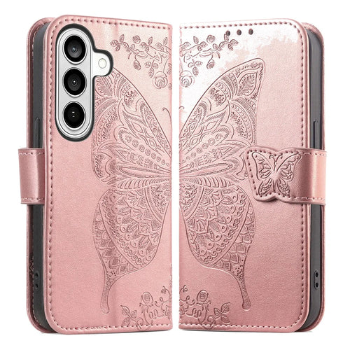 For Samsung Galaxy S26 Case with Strap Butterfly Pattern PU Leather Wallet Phone Cover - Rose Gold - 1