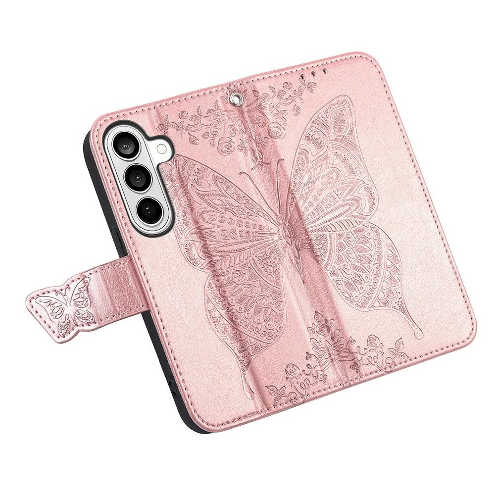 For Samsung Galaxy S26 Case with Strap Butterfly Pattern PU Leather Wallet Phone Cover - Rose Gold - 3