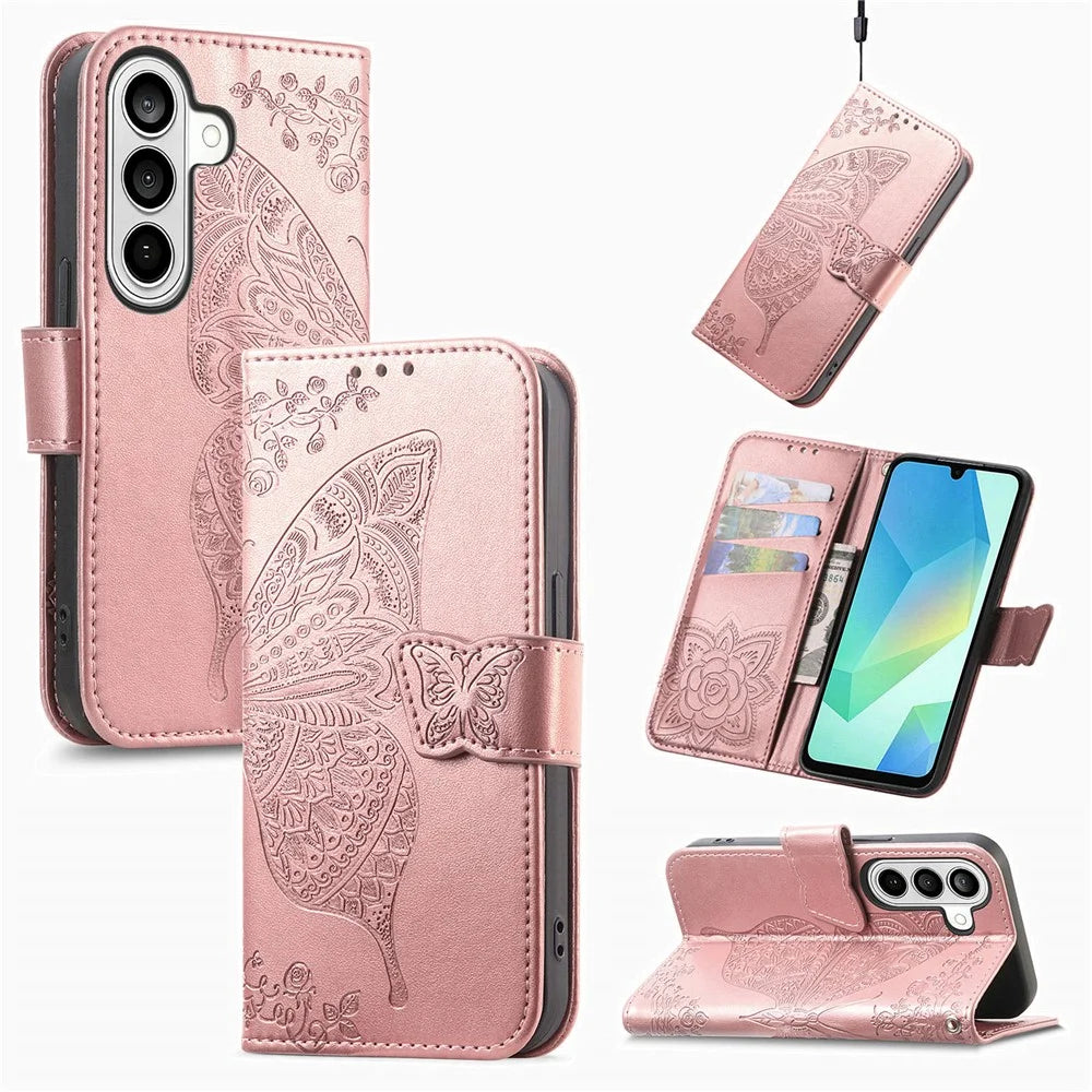 For Samsung Galaxy S26 Case with Strap Butterfly Pattern PU Leather Wallet Phone Cover - Rose Gold - 7