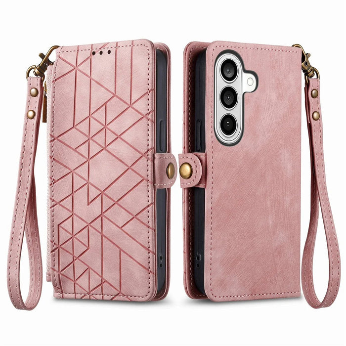 For Samsung Galaxy S26 Case Zipper Wallet Geometry Lines Leather Phone Cover with Strap - Pink - 1