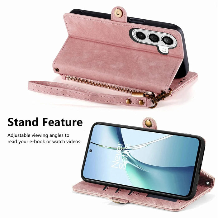 For Samsung Galaxy S26 Case Zipper Wallet Geometry Lines Leather Phone Cover with Strap - Pink - 3