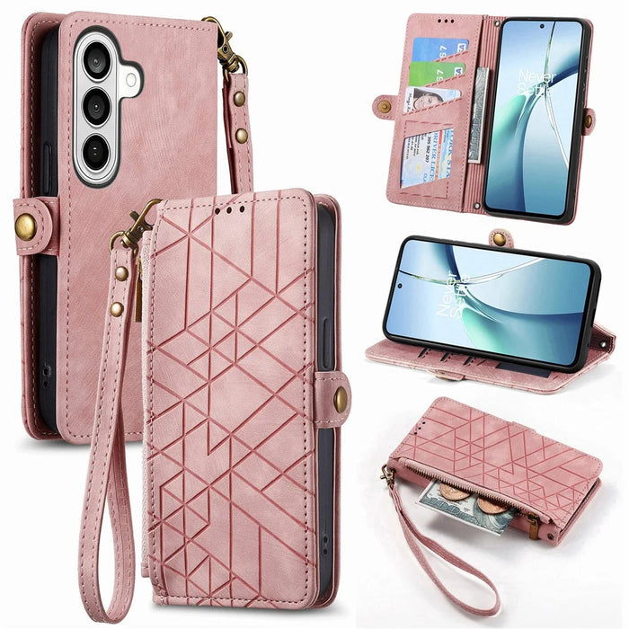 For Samsung Galaxy S26 Case Zipper Wallet Geometry Lines Leather Phone Cover with Strap - Pink - 4