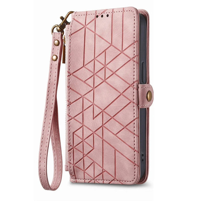 For Samsung Galaxy S26 Case Zipper Wallet Geometry Lines Leather Phone Cover with Strap - Pink - 5