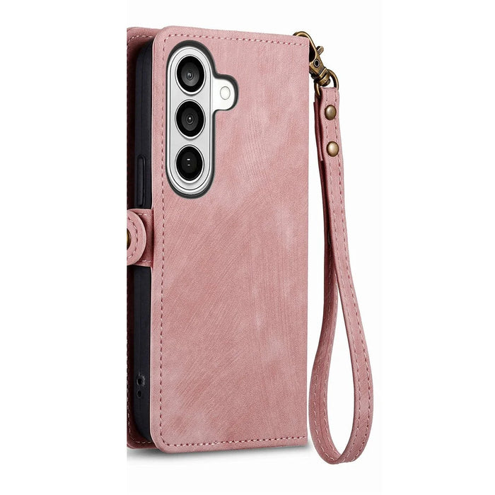For Samsung Galaxy S26 Case Zipper Wallet Geometry Lines Leather Phone Cover with Strap - Pink - 6