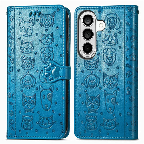 For Samsung Galaxy S26+ Case Flip Wallet Leather Phone Cover with Cute Cat Dog Pattern - Blue - 1